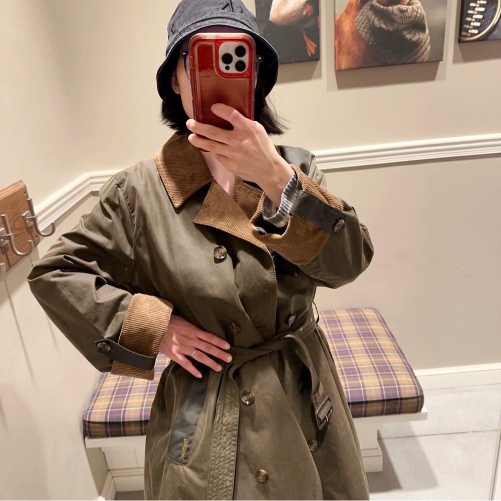 VTG NWT US Size 14 Barbour Brackley Women Waxed Trench Coat Archive Olive Color